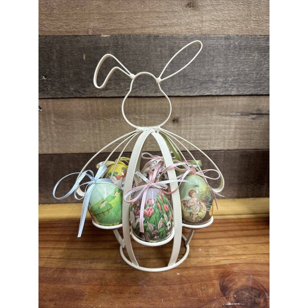 Easter Bunny Metal Egg Holder (Holds 6 Eggs) 10.5" In Box With Decorative Eggs